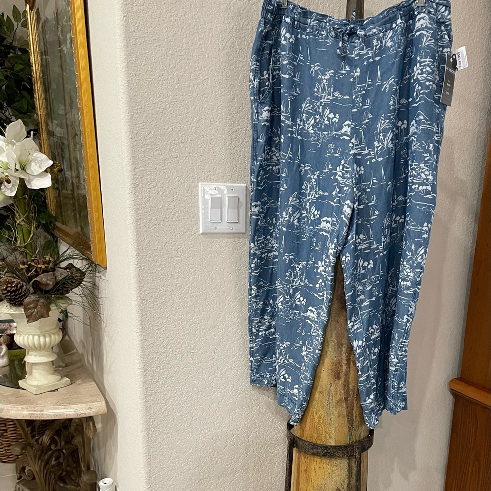 NWT Zac & Rachel Blue & White ladies XL wideleg pants back elastic w drawstring